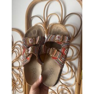 Exé Women Multi Color Beaded Double Strap Slide Sandals‎ Boho Rhinestone Size 41